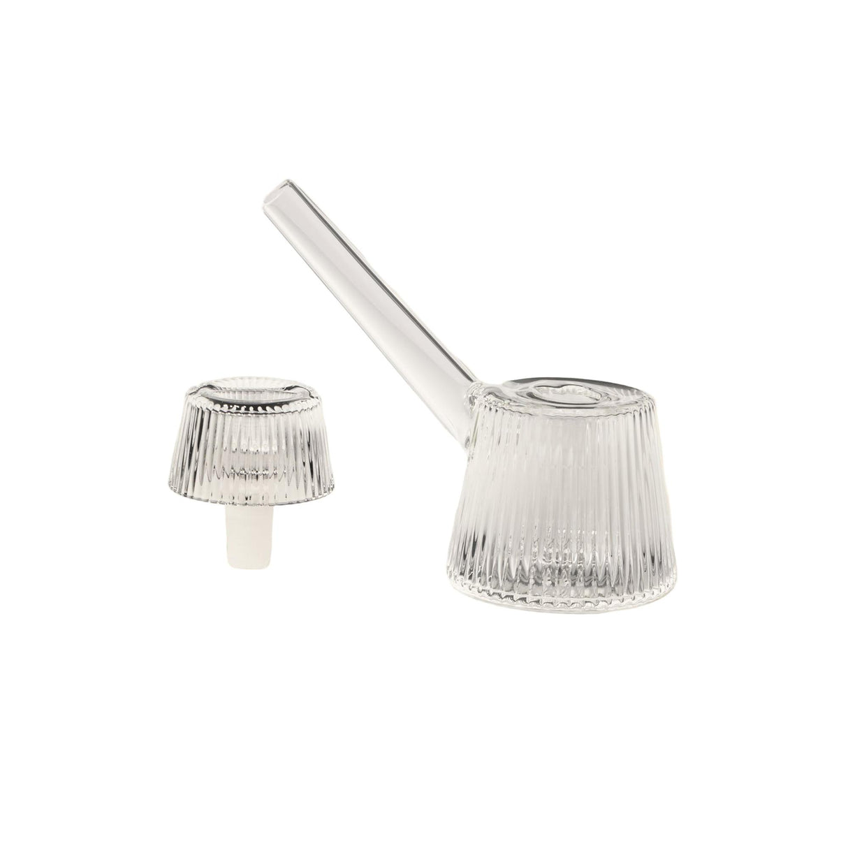 Deco Bubbler's clear ribbed glass topper features a flared spout and matching stopper, highlighting its Art Deco elegance and modern precision craftsmanship.