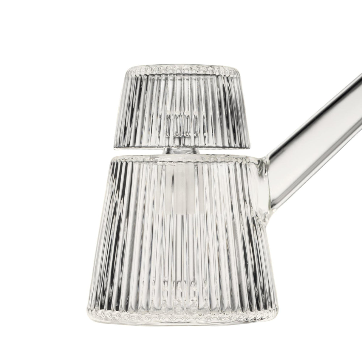 Close-up of the Deco Bubbler, showcasing its ribbed glass texture and smooth spout, blending vintage Art Deco style with modern functionality.