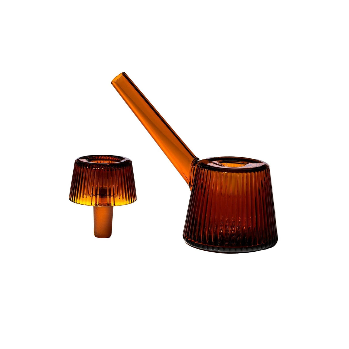 Deco Bubbler: Two-piece ribbed glass smoking bubbler with an angled mouthpiece and matching bowl/stem insert, showcasing vintage-inspired Art Deco design and modern functionality.
