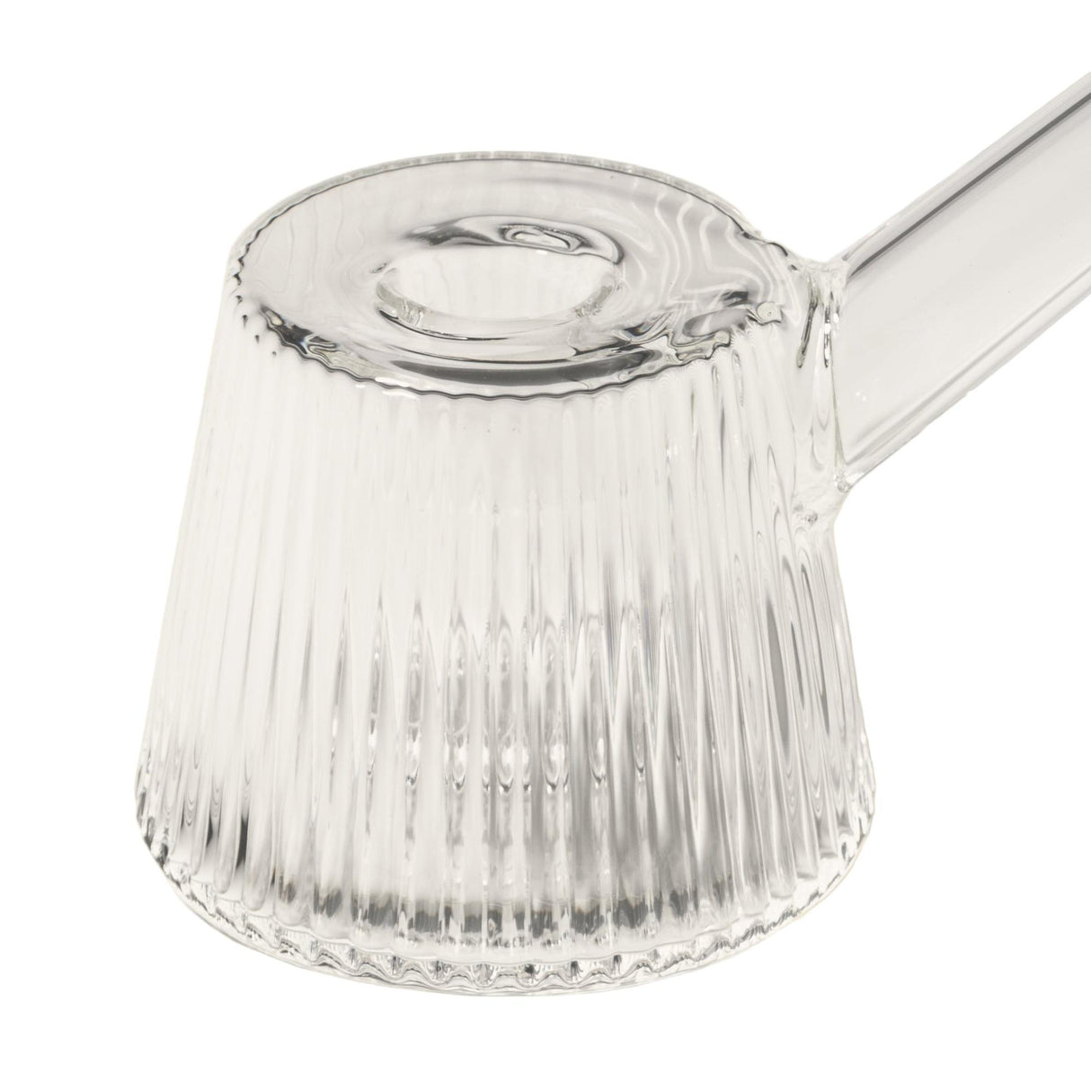 Deco Bubbler: A clear, fluted-glass pouring vessel with a ribbed pattern, side spout, and circular opening, blending Art Deco elegance with modern functionality.