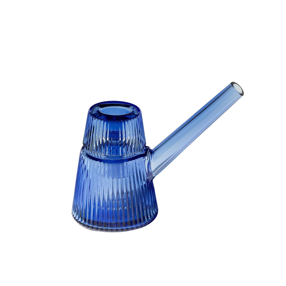 Deco Bubbler: Translucent blue ribbed-glass vessel with a tubular side spout, blending vintage-inspired Art Deco design and modern precision for elegant, smooth water filtration.