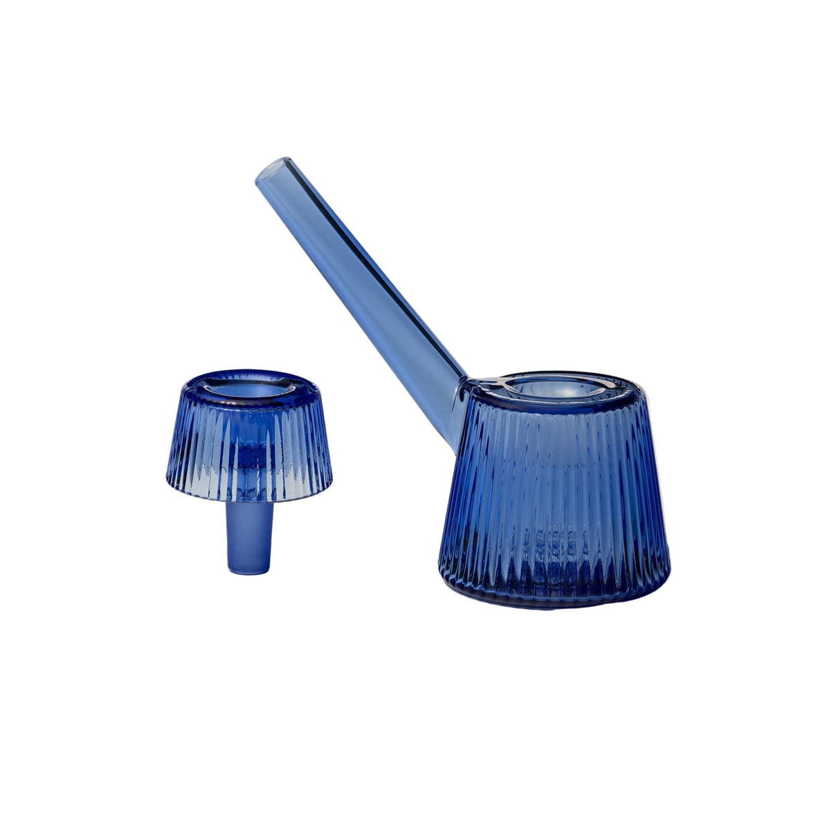 Deco Bubbler set: ribbed cobalt-blue glass, featuring a fluted base, angled mouthpiece, and detachable bowl for ergonomic use and easy cleaning.