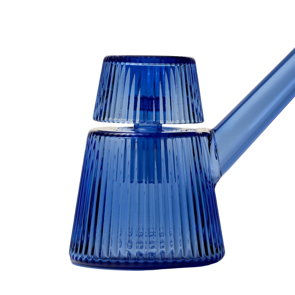 Deco Bubbler: Cobalt-blue rib-textured glass vessel with two conical sections and a slender spout, embodying Art Deco elegance and ergonomic design.