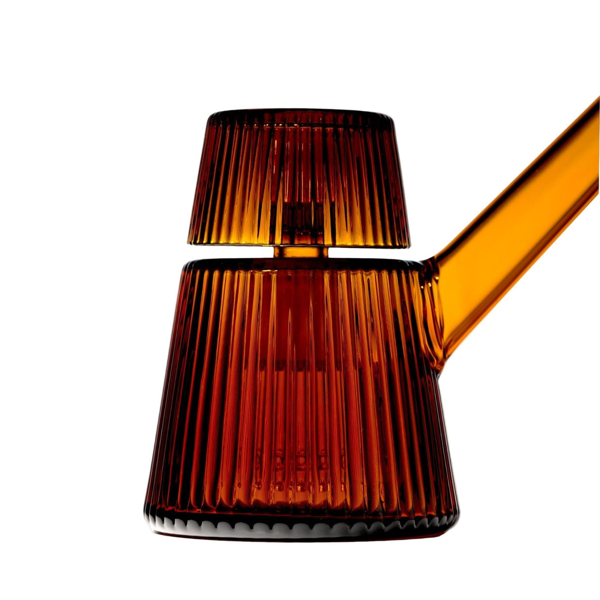 Deco Bubbler: A fluted glass vessel with a conical base, matching lid, and straight handle. Merges Art Deco elegance with modern function.