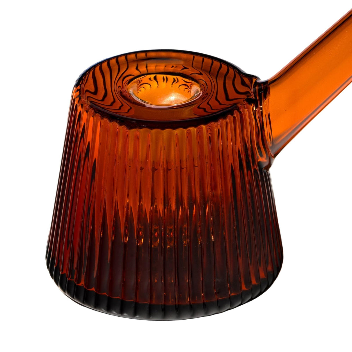 Close-up of Deco Bubbler, a ribbed glass vessel with a long spout, showcasing its vintage Art Deco elegance and modern functionality.