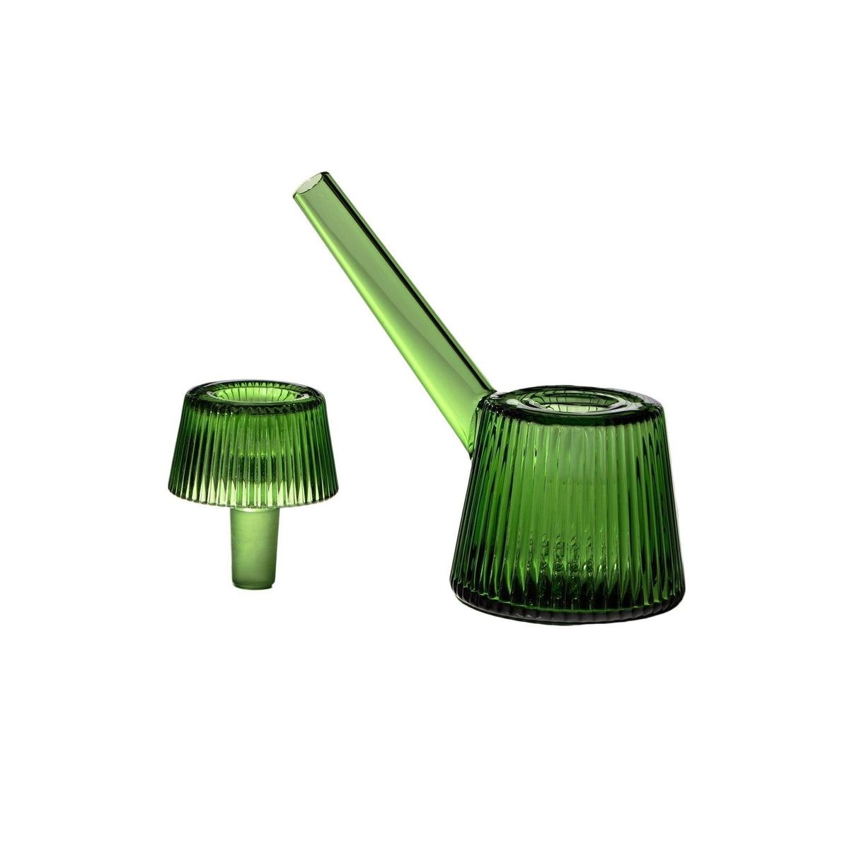 Deco Bubbler: A two-piece glass water pipe with a ribbed base, angled mouthpiece, and detachable bowl, showcasing Art Deco elegance and modern functionality.