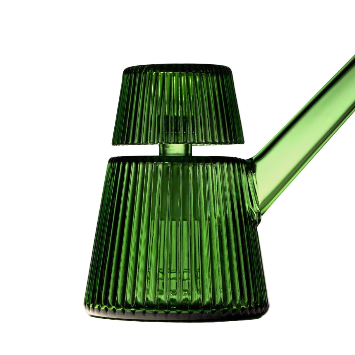 Translucent green Deco Bubbler, rib-textured glass watering can with long spout, matching lid; blends Art Deco elegance with modern utility.
