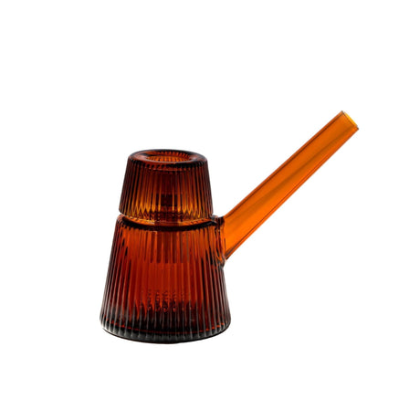 Deco Bubbler: A small, amber-toned glass vessel with a ribbed texture and long spout, blending Art Deco elegance with modern utility for smooth, stylish pouring.