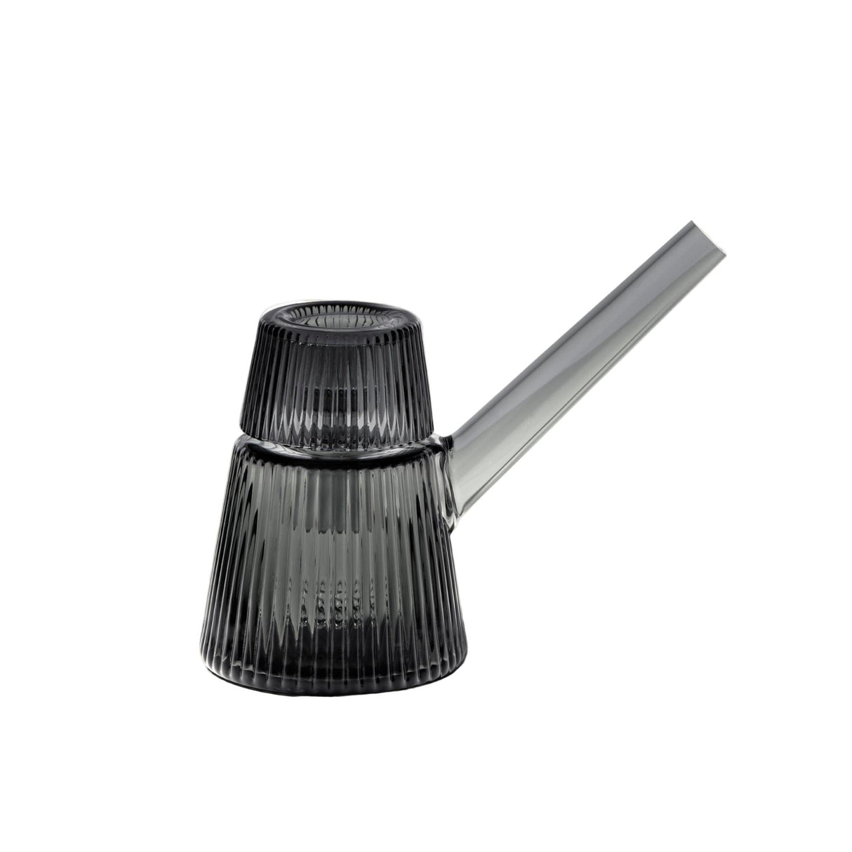 Deco Bubbler, a ribbed, fluted glass water pipe with a straight mouthpiece and top bowl, merges vintage Art Deco style with modern functionality.