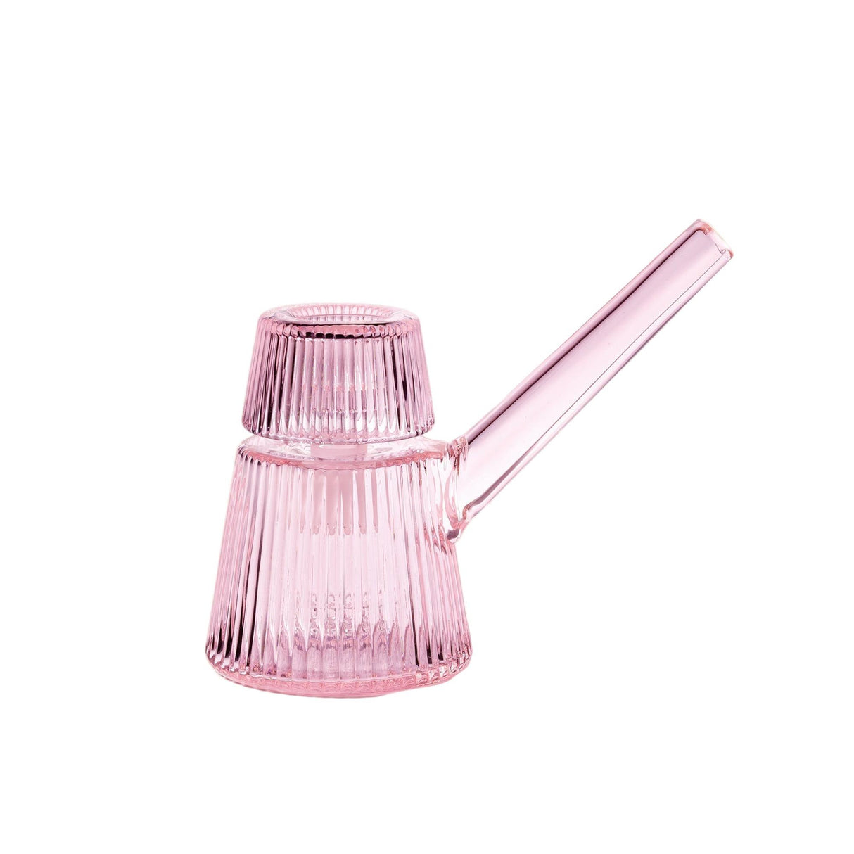 Deco Bubbler: A sculptural pink, ribbed glass vessel with a flared base, tapered top, matching lid, and a side spout, embodying Art Deco elegance and modern precision.