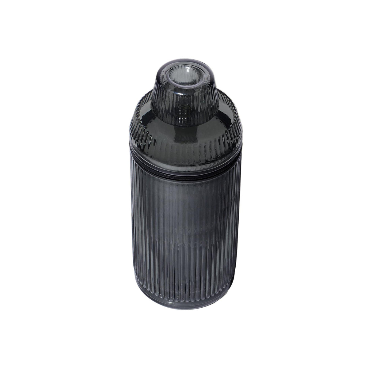 Deco Gravity Bong with a dark-smoked, ribbed glass design, featuring a three-piece cocktail shaker setup including base, built-in strainer lid, and cap.