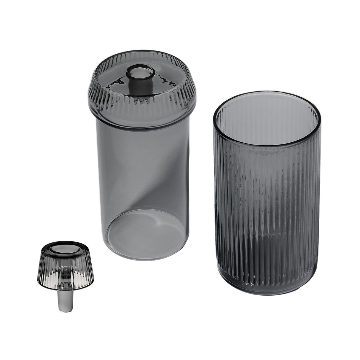 Deco Gravity Bong: Three-piece set of vertically ribbed glassware, featuring a tall tumbler, matching canister, and small stopper, showcasing Art Deco design and modern functionality.