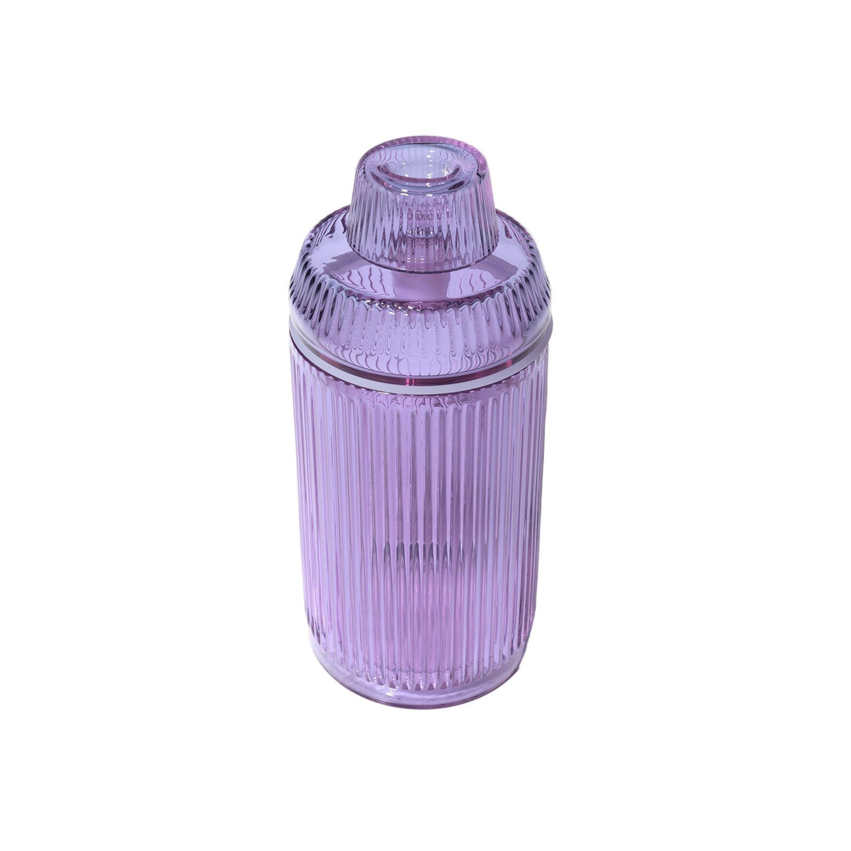 Deco Gravity Bong, a ribbed, translucent lavender-purple glass shaker with a matching lid, showcasing vintage elegance and modern functionality in a sculptural design.