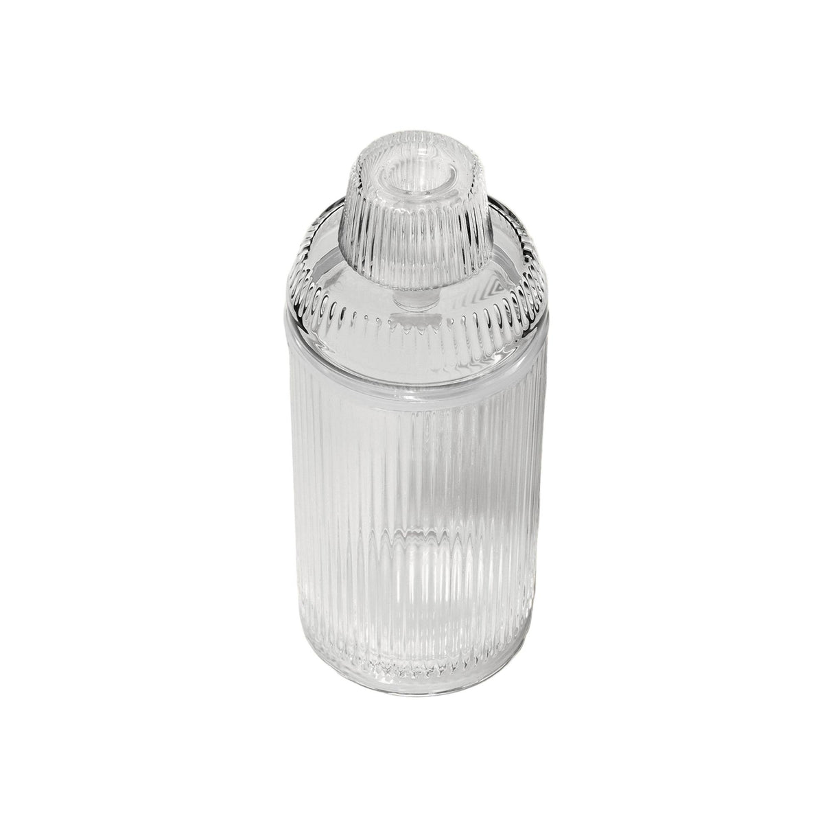Deco Gravity Bong, a clear, ribbed-glass cocktail shaker style, showcasing vintage Art Deco elegance and modern performance, crafted from premium borosilicate glass for smooth gravity-powered hits.