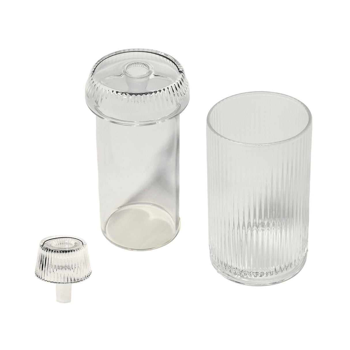 Deco Gravity Bong: A clear, ribbed glass carafe with lid and tumbler showcases Art Deco elegance and modern functionality in premium borosilicate glass.