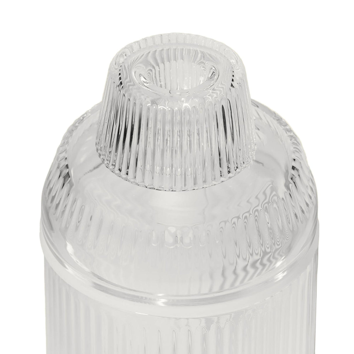 Close-up of the Deco Gravity Bong, featuring clear ribbed glass and lid, showcasing its Art Deco design and premium borosilicate construction for elegant, modern use.