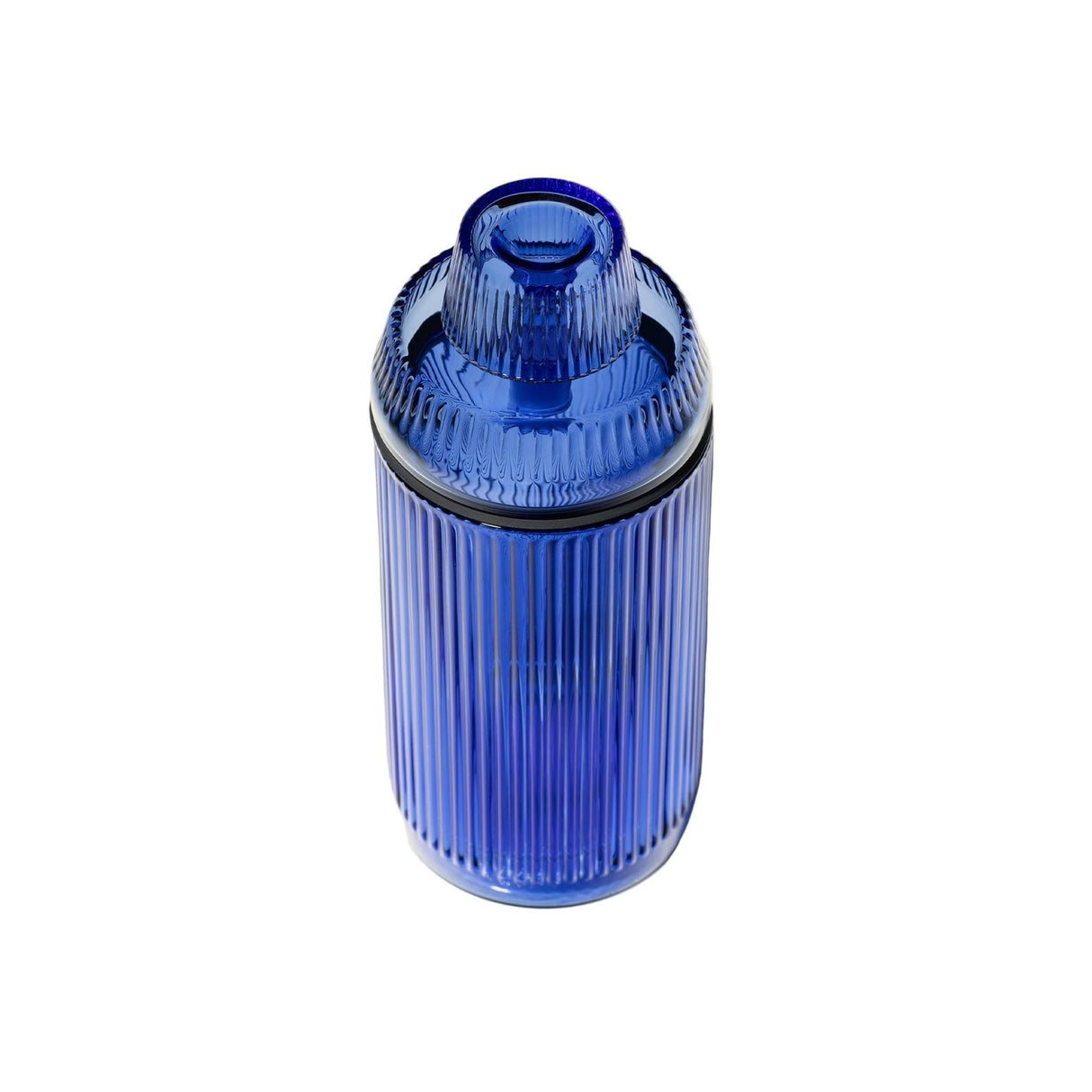 Deco Gravity Bong in cobalt-blue ribbed glass with matching lid; combines Art Deco elegance and modern functionality, crafted from premium borosilicate glass.