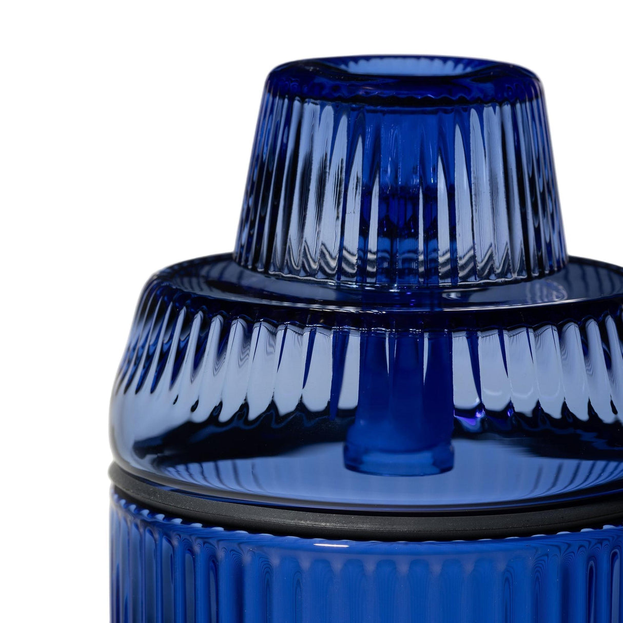 Cobalt-blue Deco Gravity Bong with ribbed glass, featuring a lid with square knob and rubber seal, showcasing its Art Deco-inspired design and modern functionality.