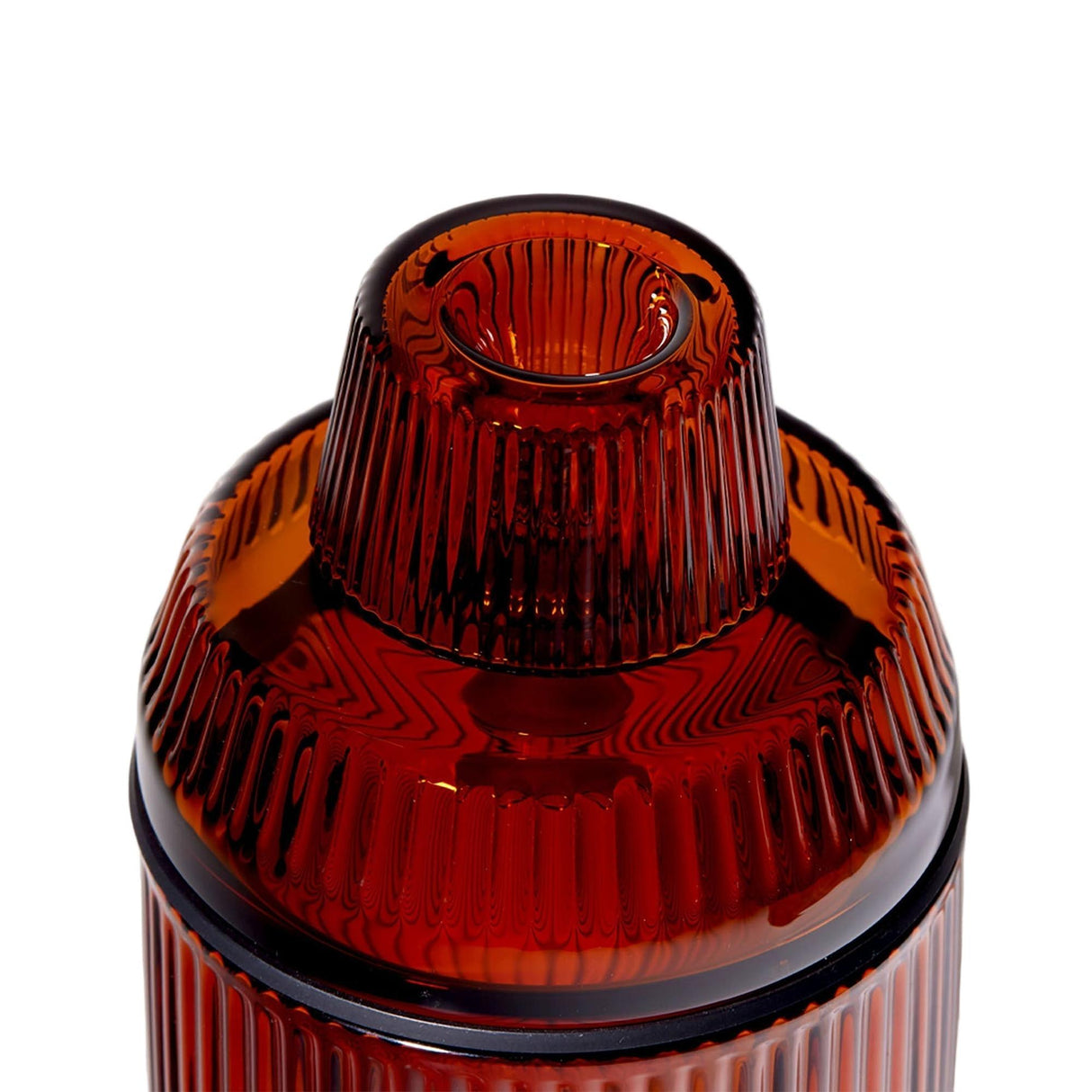 Deco Gravity Bong in ribbed amber glass, featuring a stackable jigger and vessel design, blending Art Deco elegance with modern functionality for smooth, gravity-powered use.