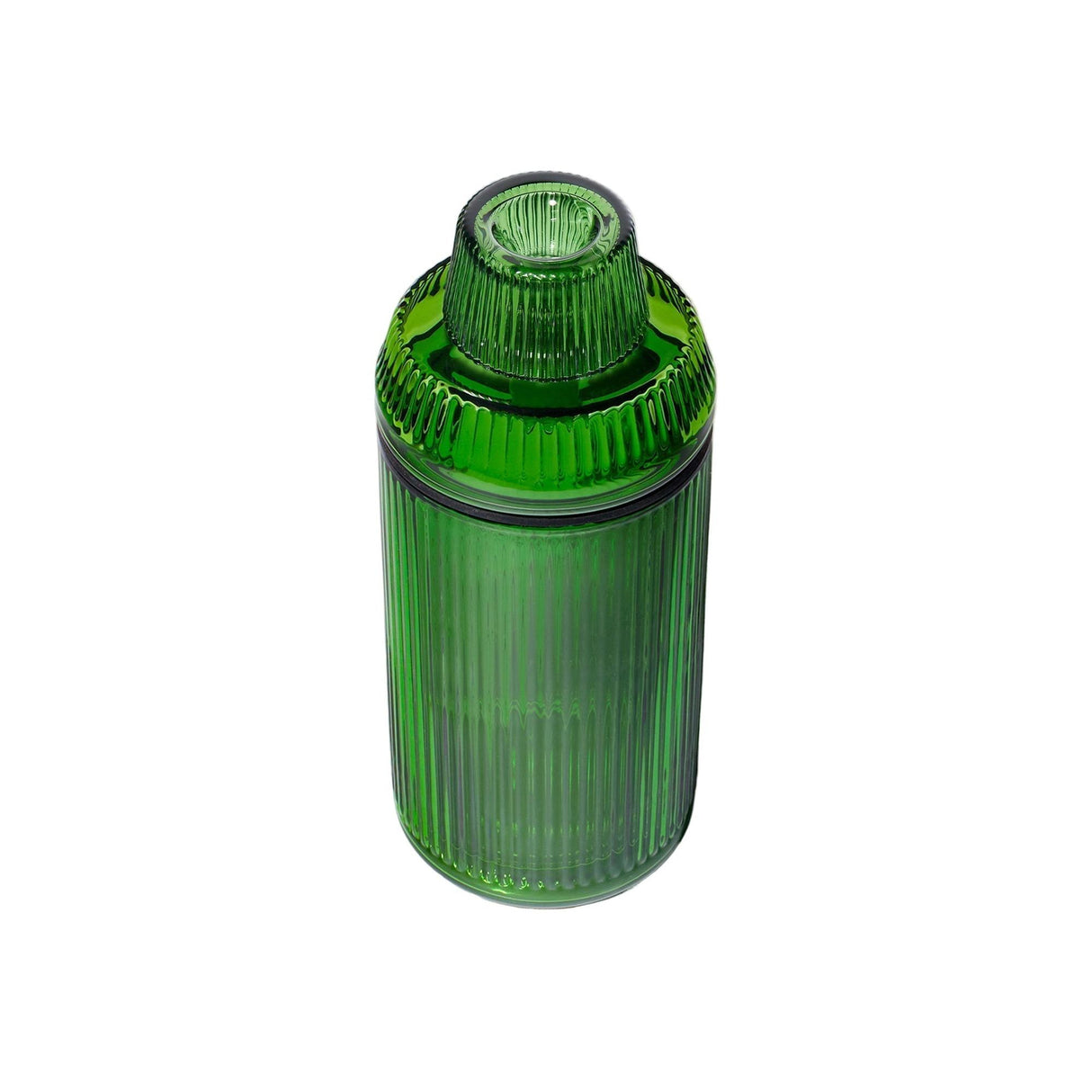 Deco Gravity Bong: A tall, ribbed green glass container with a matching lid, showcasing Art Deco elegance and gravity-powered design in premium borosilicate glass.