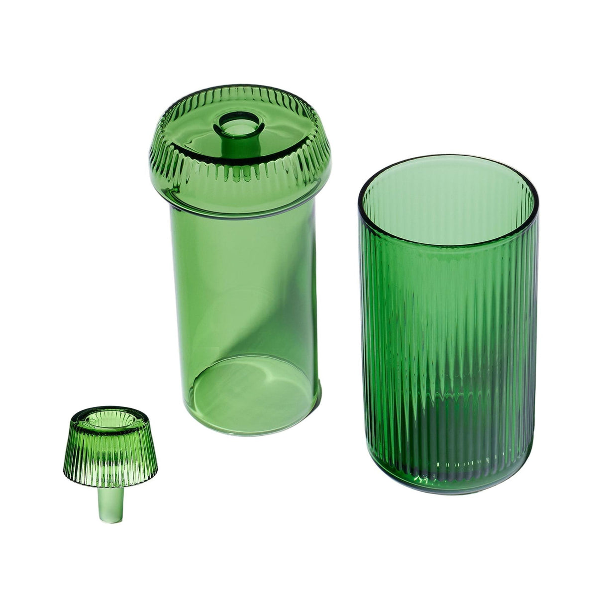 Deco Gravity Bong set: three translucent, ribbed glass pieces—tall jar, open vessel, and stopper—exemplifying Art Deco elegance with modern functionality in borosilicate glass.