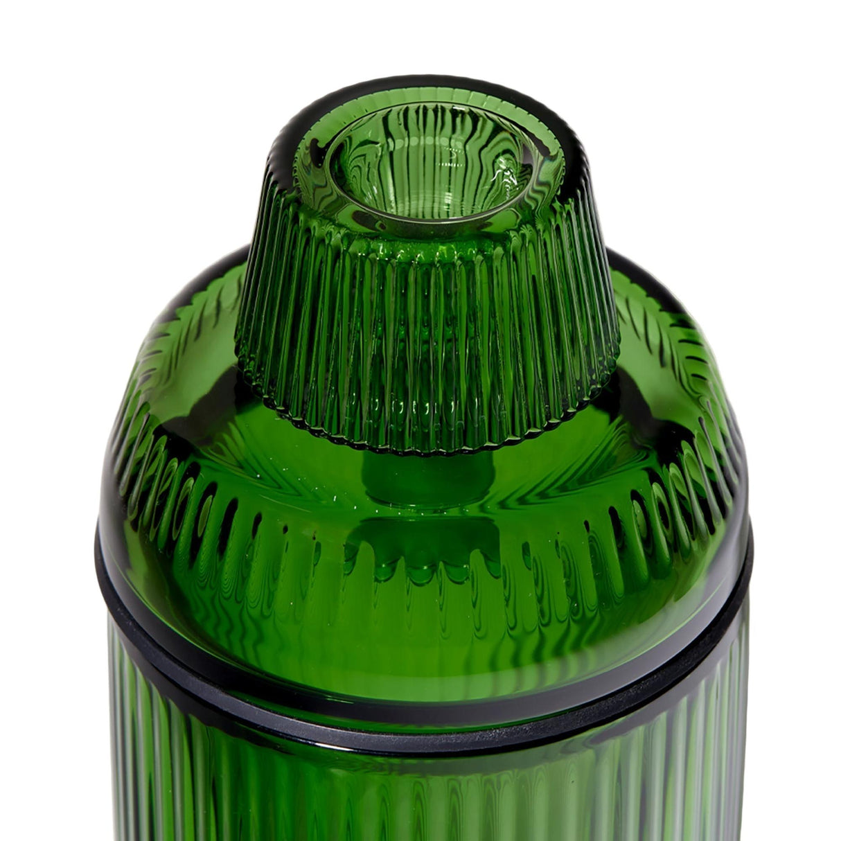 Deco Gravity Bong featuring a green ribbed-glass body with a screw-on top, black sealing ring, and fluted design, blending vintage elegance with modern functionality.