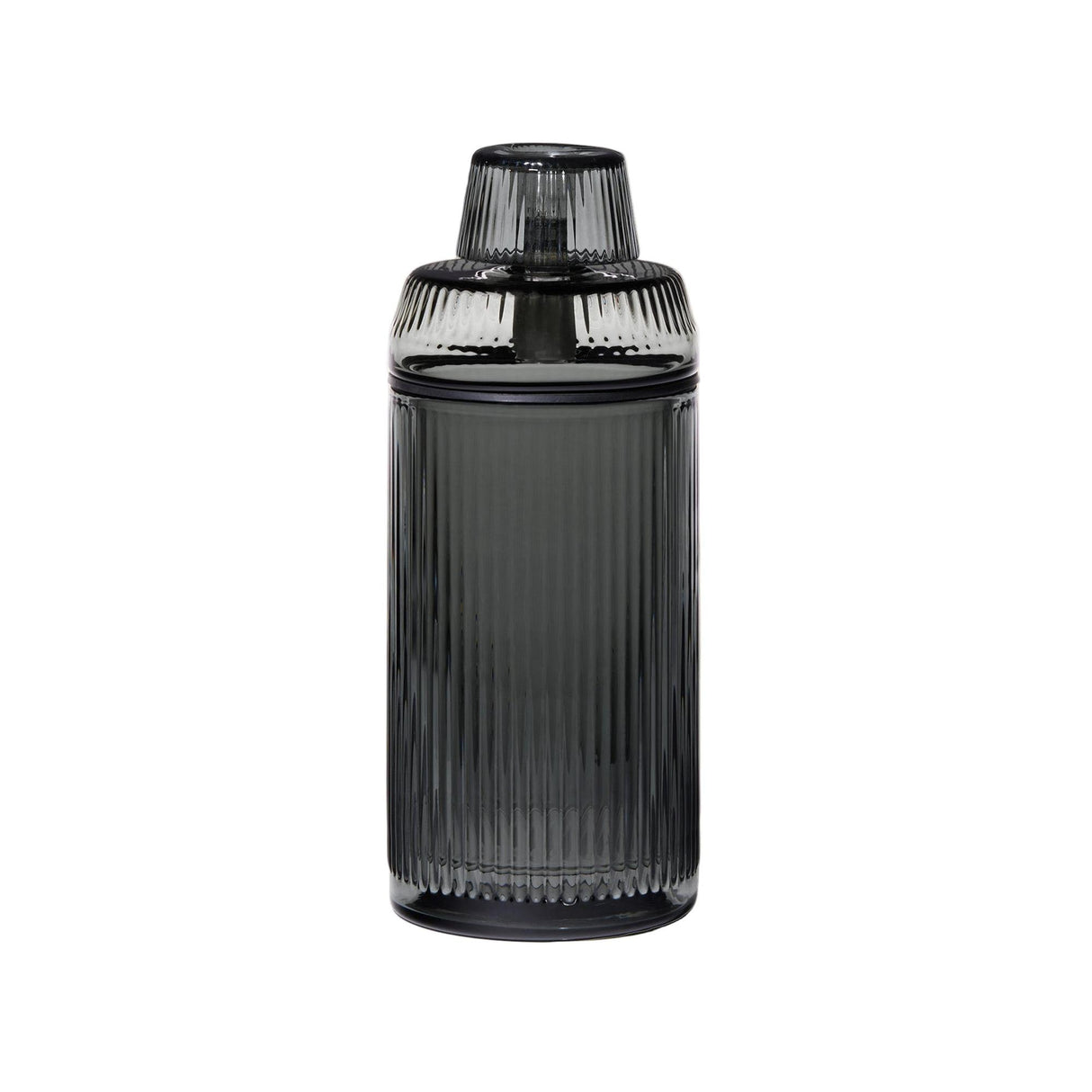 Deco Gravity Bong: A cylindrical, rib-textured smoked glass container with matching ribbed lid, showcasing vintage elegance and Art Deco design in premium borosilicate glass.