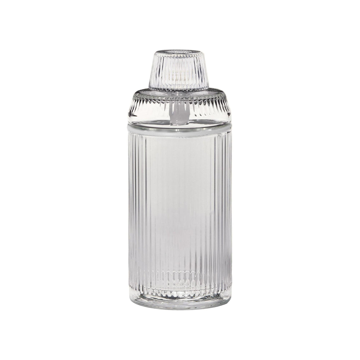Deco Gravity Bong: A tall, cylindrical clear glass container with fluting, topped by a ribbed lid. Combines Art Deco elegance with modern gravity-powered functionality.