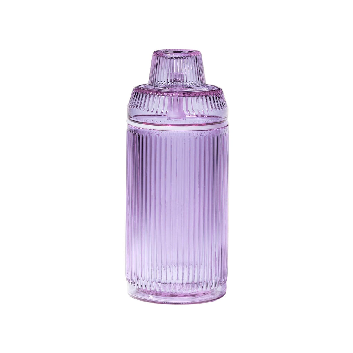 Deco Gravity Bong, a tall, ribbed, translucent glass container with matching lid, elegantly combines Art Deco design and modern performance for gravity-powered sessions.