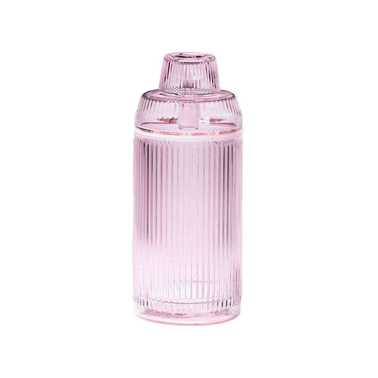 Translucent pink, ribbed glass Deco Gravity Bong, showcasing Art Deco elegance with a matching lid, crafted from premium borosilicate glass for smooth, gravity-powered performance.