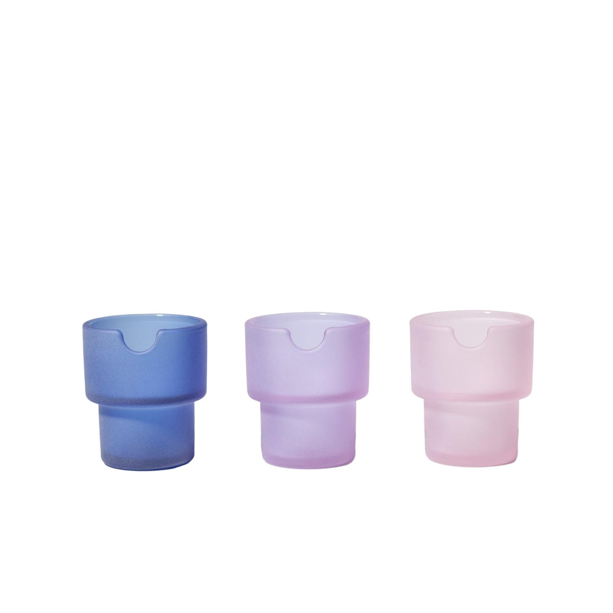 Flower Pot Ashtray Set: Three stackable, two-tiered translucent glass ashtrays with half-moon notches, showcasing minimalist design and functionality.