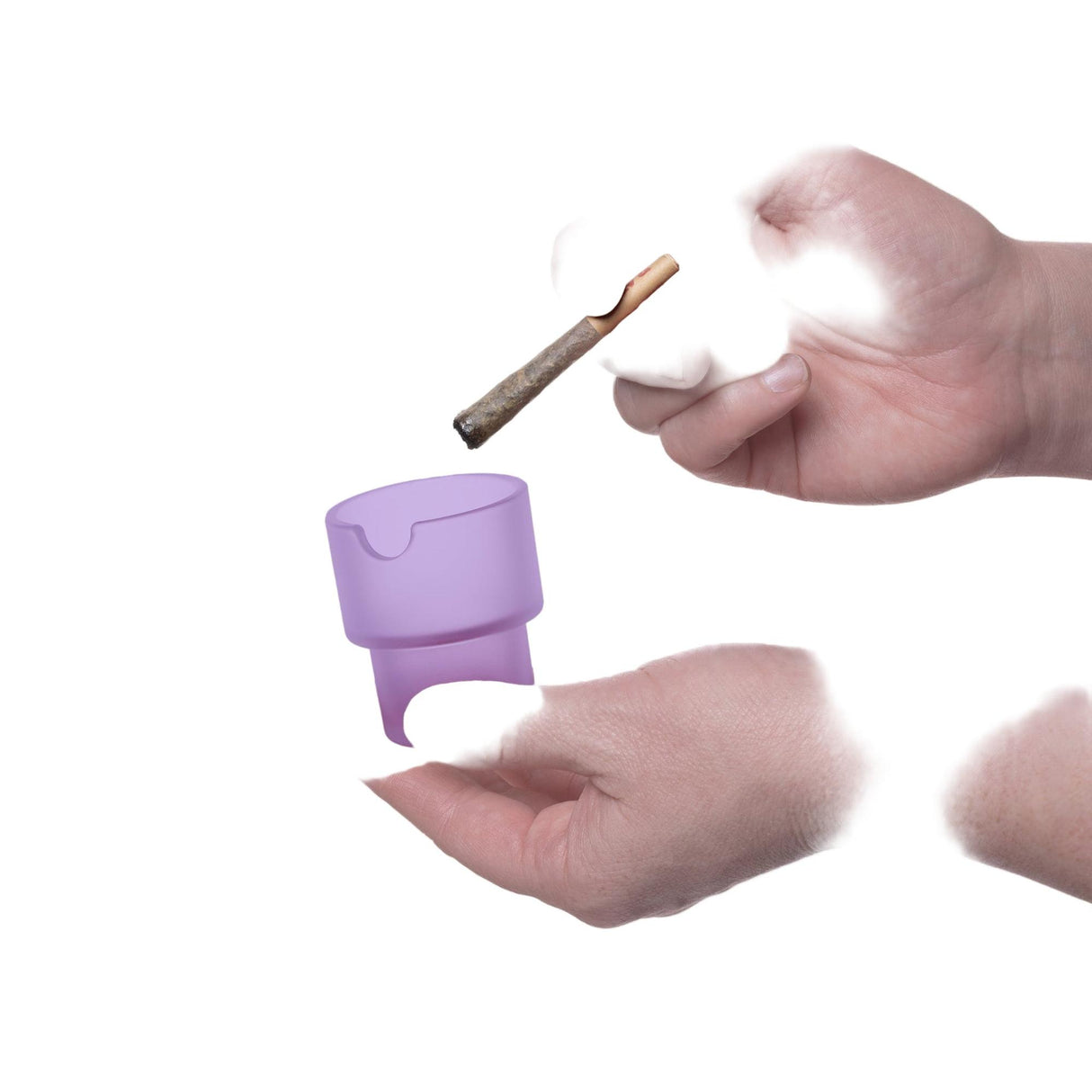 Hands holding a purple silicone Flower Pot Ashtray, demonstrating its use with a rolled cigarette above, showcasing its functional, minimalist design.