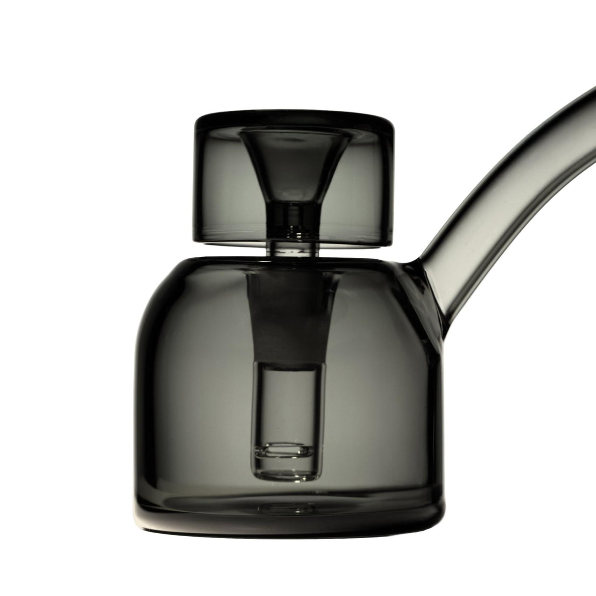 Vesper Bubbler with a dark, smoky-gray glass chamber, featuring a wide funnel bowl, down-stem, and angled mouthpiece for smooth, elegant use.