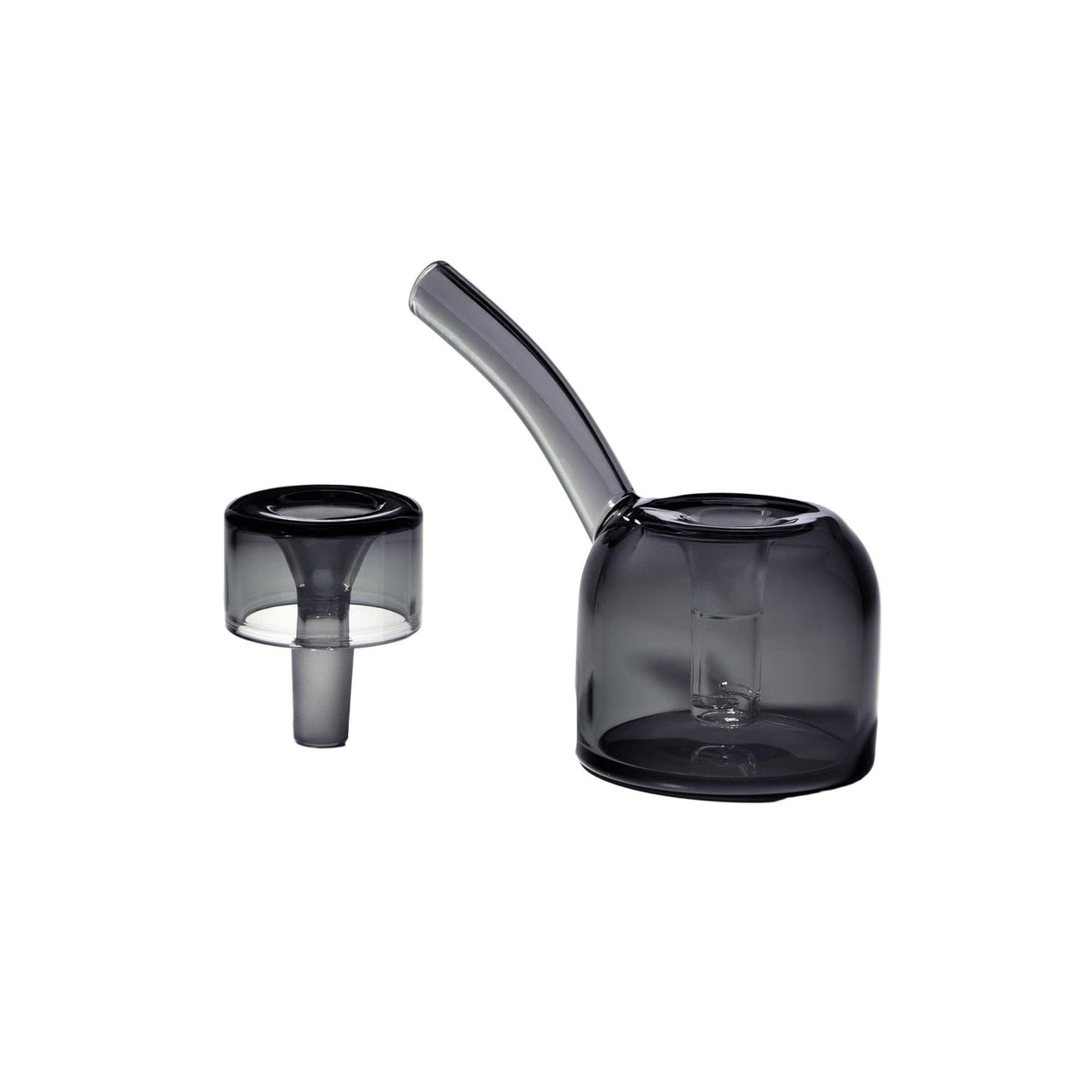 Vesper Bubbler: Two-piece grey-tinted borosilicate glass setup with a globular water chamber and removable bowl, showcasing a compact, elegant design for smooth, water-filtered smoking.