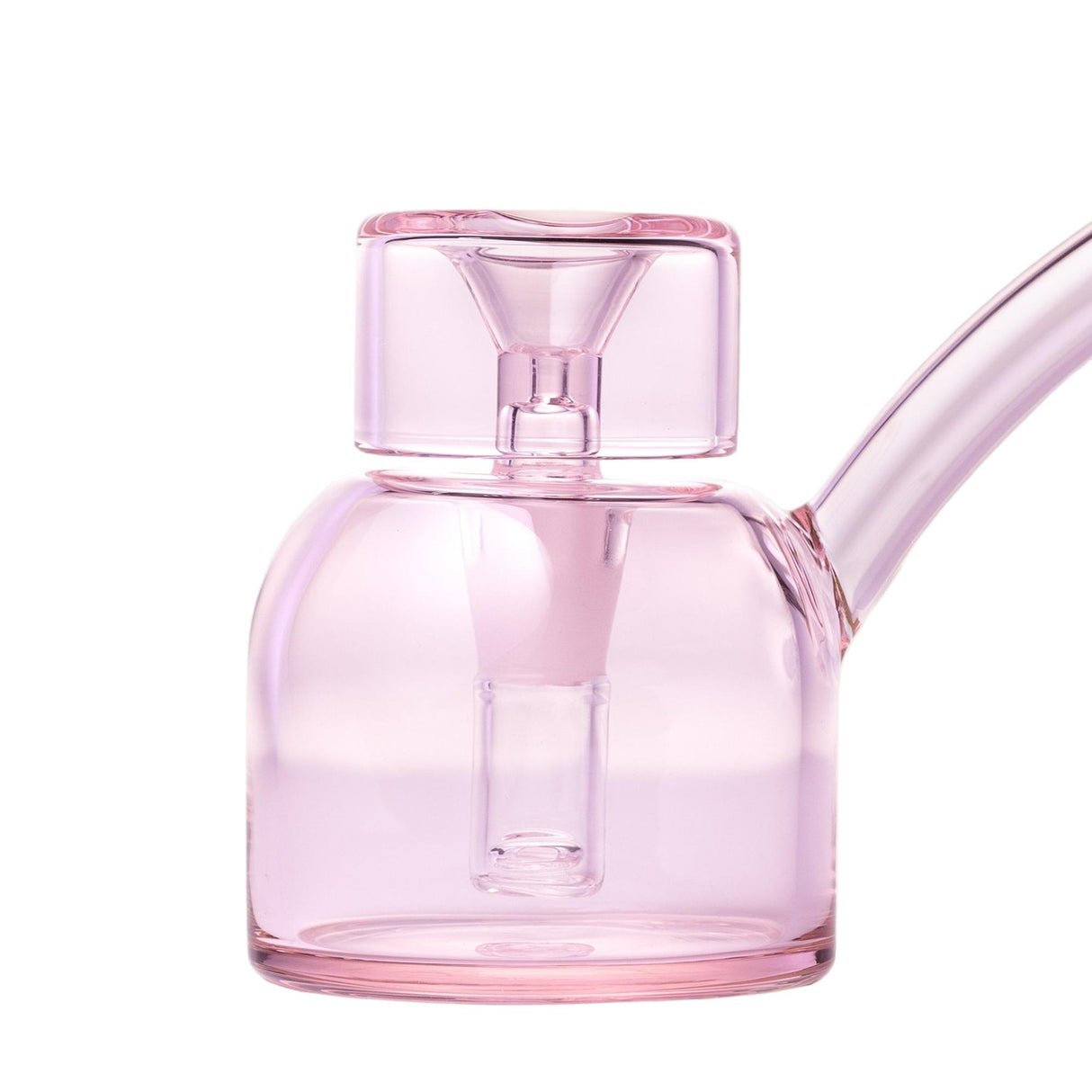 Vesper Bubbler: A pink-tinted glass water pipe with a bowl on top, down-stem, bent mouthpiece, showcasing modern craftsmanship and mid-century inspired design.