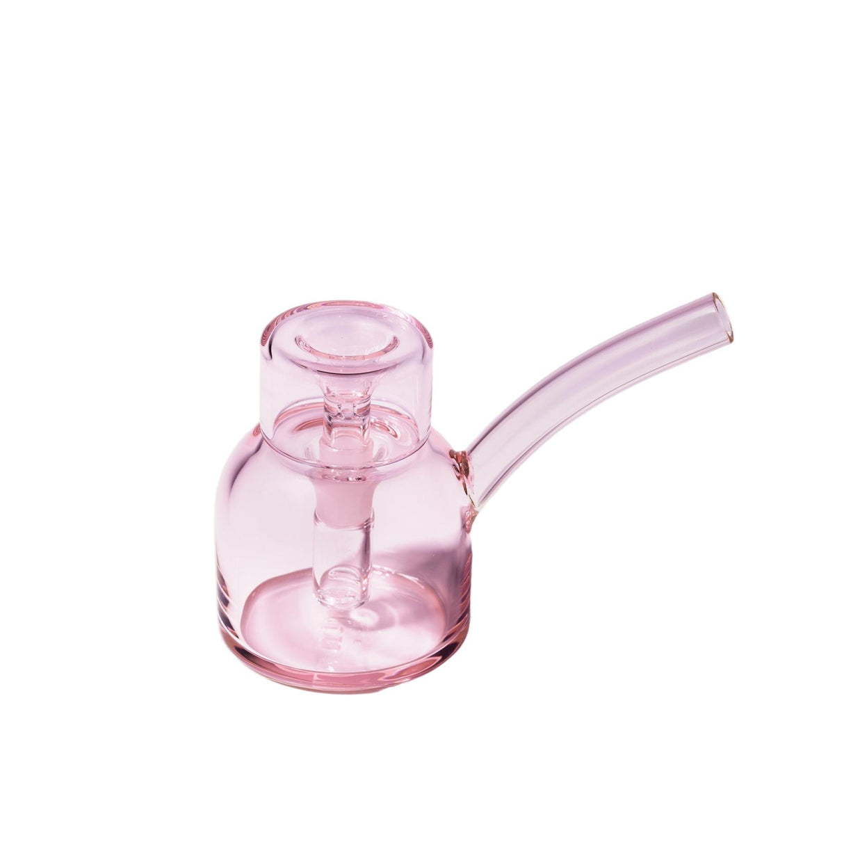 Vesper Bubbler: A compact, pink-tinted glass water pipe with a rounded chamber, downstem, and bent mouthpiece, showcasing modern design and effortless functionality.