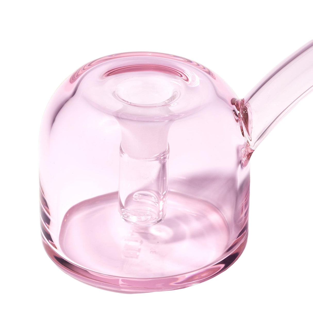 Vesper Bubbler: A pink-tinted glass water pipe with a cylindrical base, internal percolator, and side-mounted mouthpiece, blending modern design and functionality.