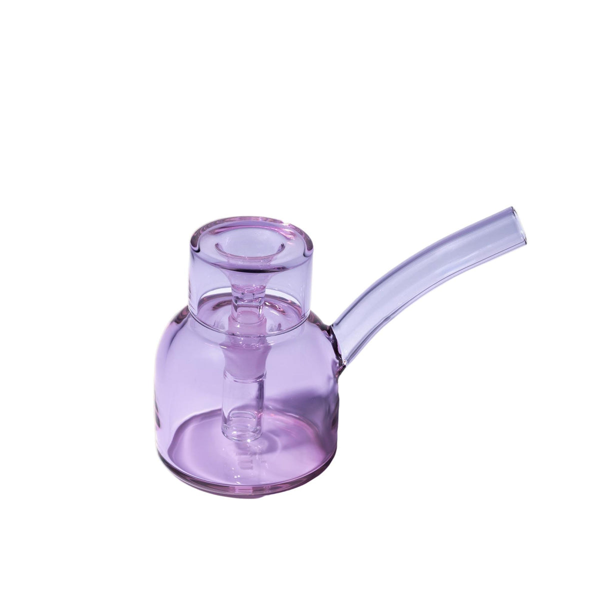 Vesper Bubbler: A compact, purple-tinted glass bubbler with a rounded chamber, internal percolator, top bowl, and angled mouthpiece, offering modern elegance and smooth functionality.