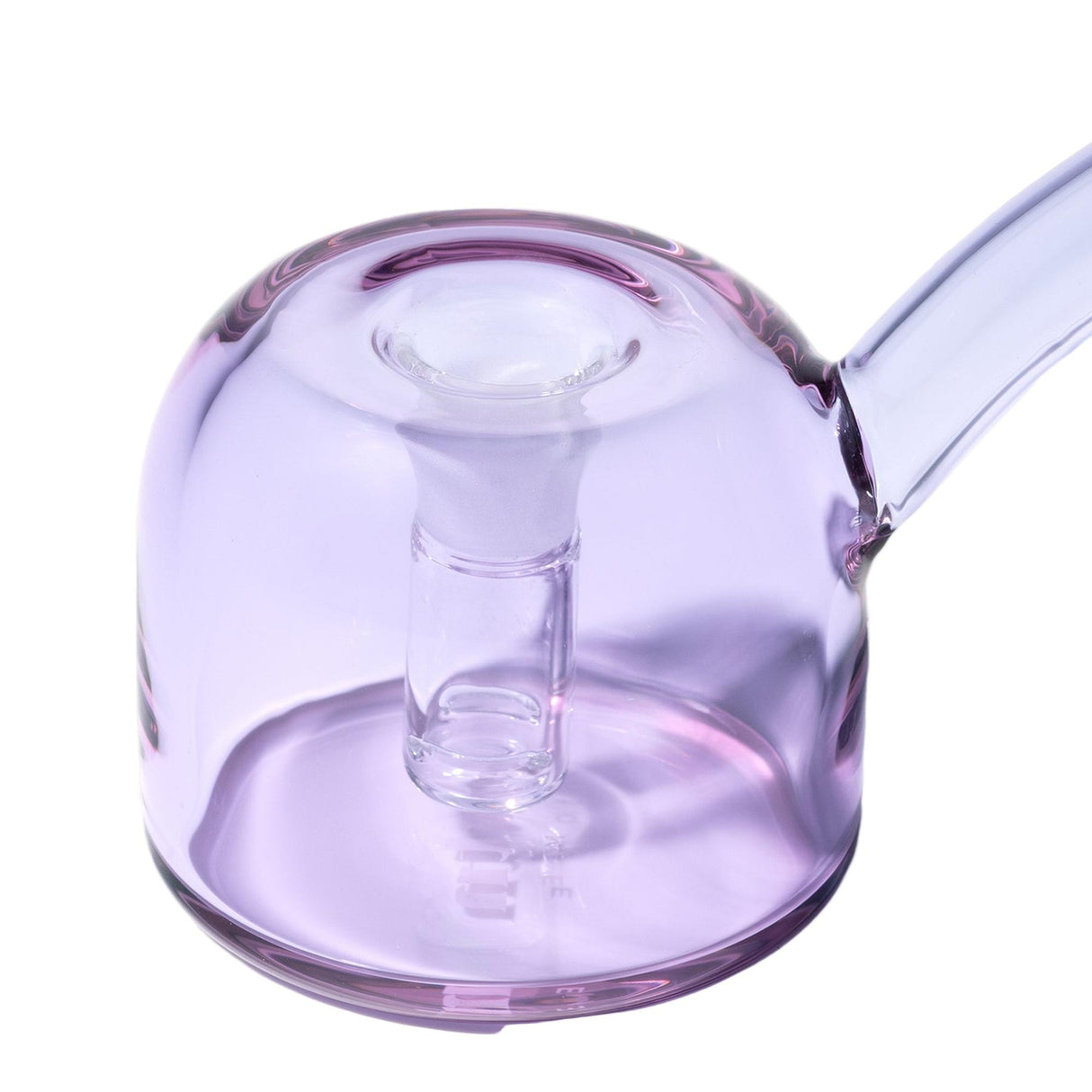 Vesper Bubbler: Purple-tinted, handcrafted borosilicate glass bubbler with rounded base, central down-stem, and side mouthpiece, blending elegance with smooth, water-filtered pulls.