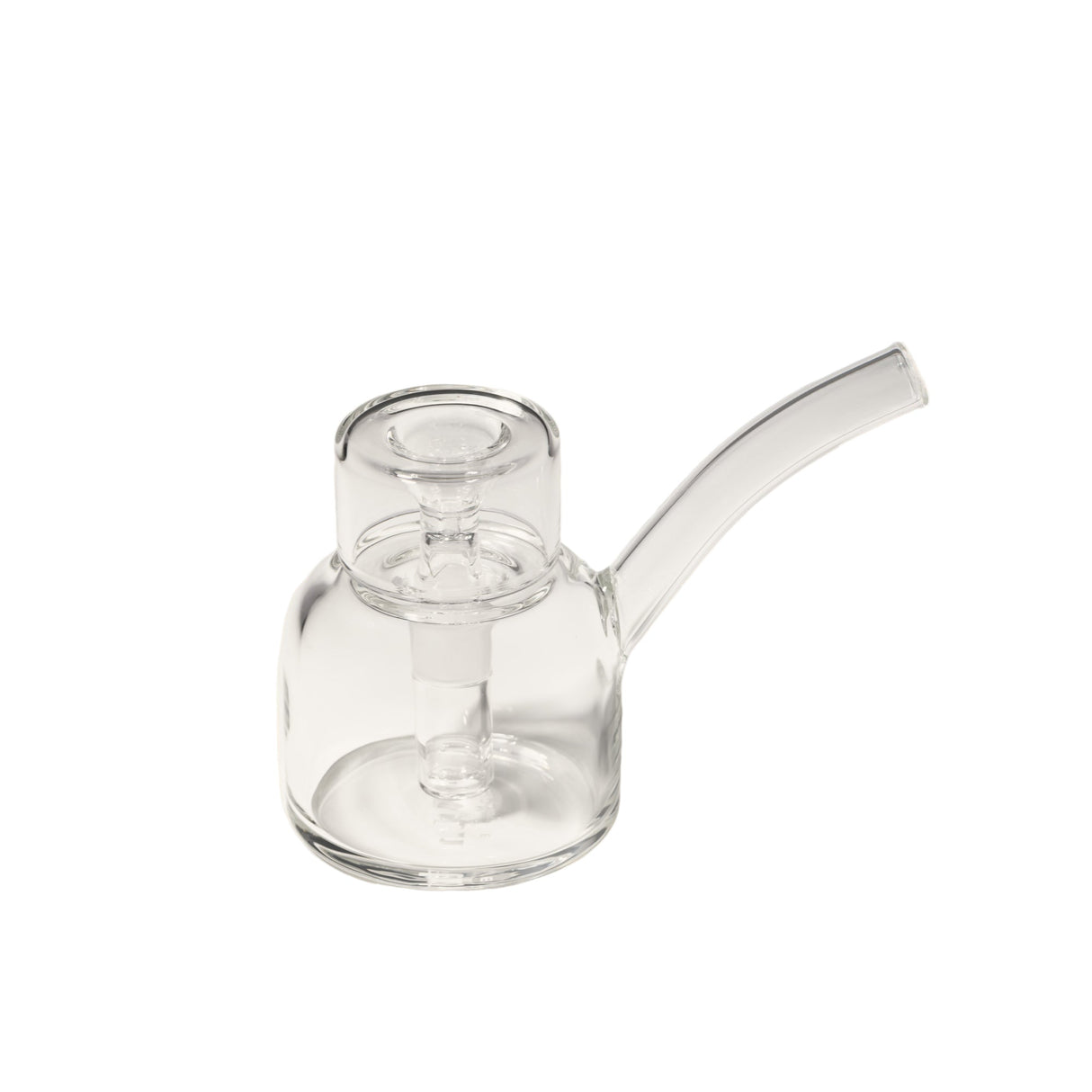 Vesper Bubbler: A small, transparent glass piece with a round chamber, short downstem, top fitting, and curved mouthpiece, showcasing modern elegance and functionality.