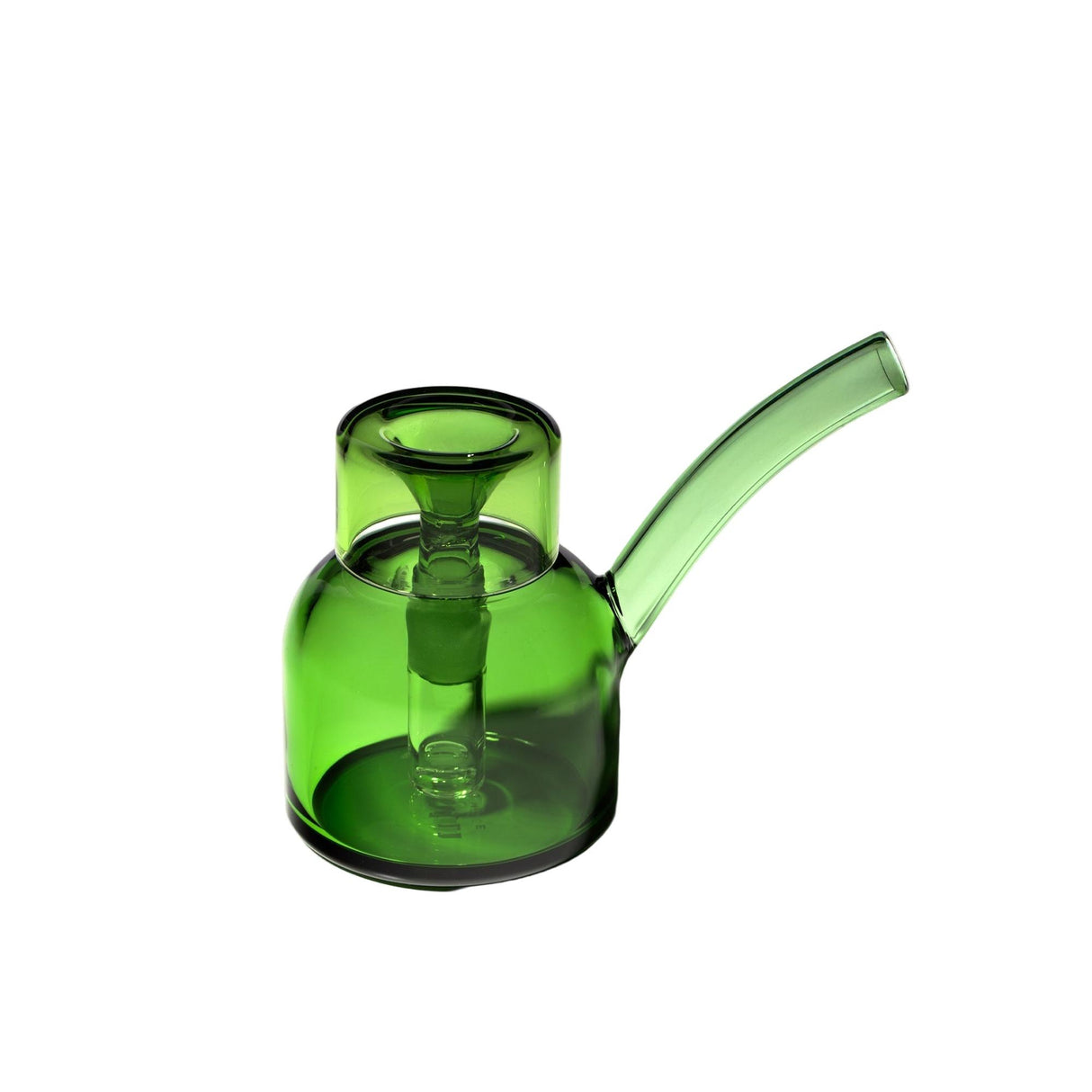 Vesper Bubbler: A compact, green-tinted glass water pipe with a cylindrical chamber, center downstem and bowl, and a slanted mouthpiece, showcasing modern elegance.