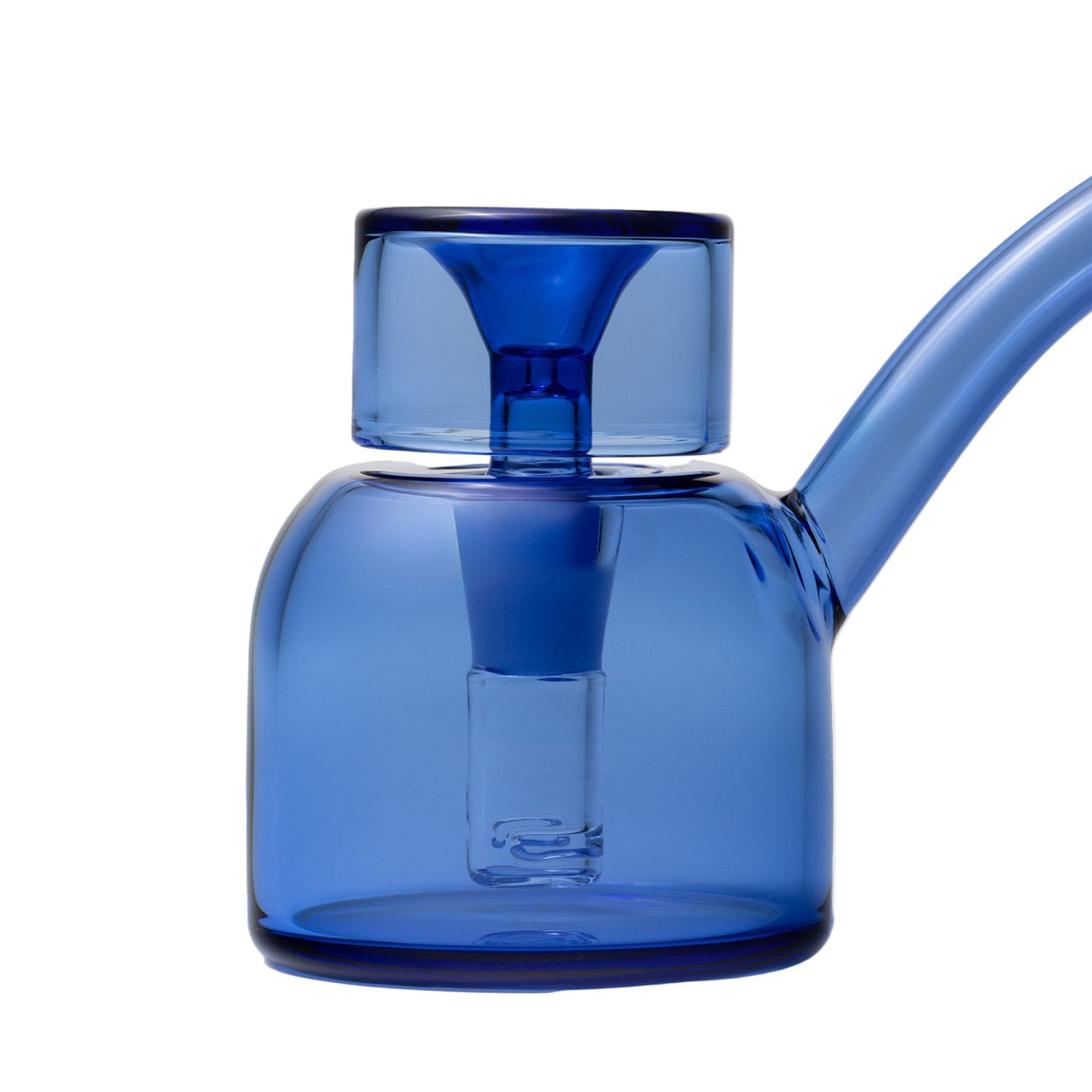 Vesper Bubbler, a sleek cobalt-blue glass piece with a cylindrical bowl, funnel connector, rounded water chamber, and side mouthpiece, offering elegant, smooth functionality.