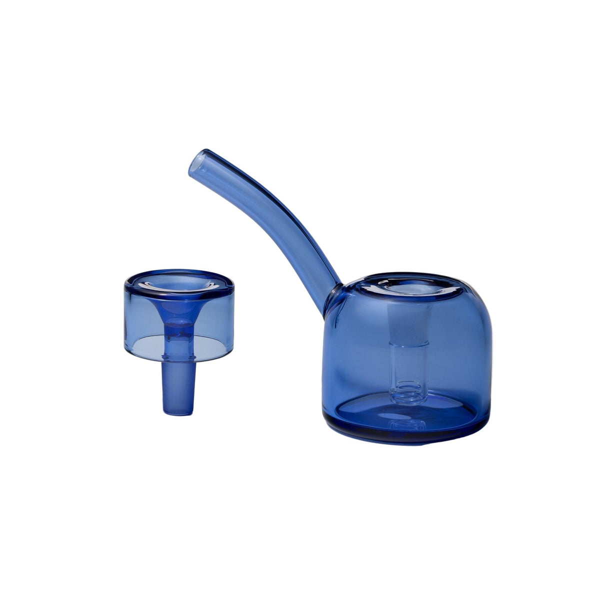 Vesper Bubbler: Elegant blue glass bubbler with oval chamber and upturned mouthpiece, alongside matching removable slide, showcasing a sleek, functional design for smooth, water-filtered use.