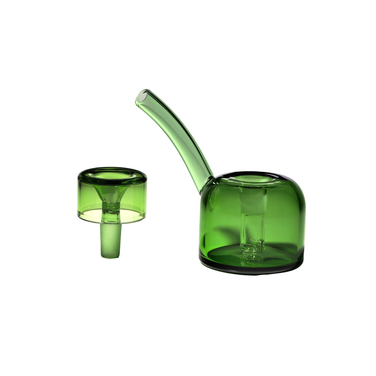 Vesper Bubbler: Handcrafted glass bubbler and matching slide, showcasing a sleek, cylindrical design with integrated down-stem and angled mouthpiece for smooth, water-filtered pulls.