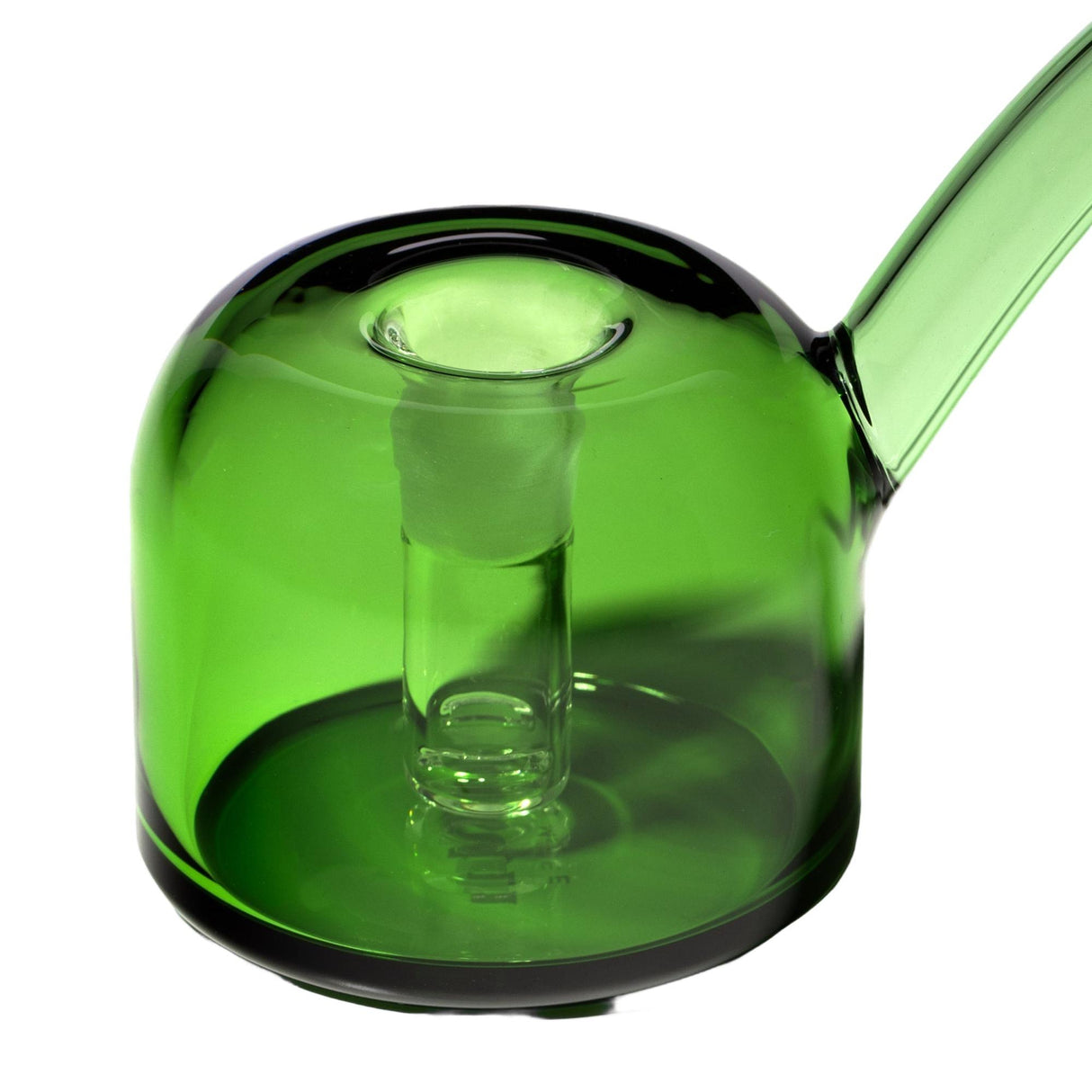 Close-up of the Vesper Bubbler, showcasing its sleek, cylindrical green glass chamber with central down-stem and angled mouthpiece, highlighting its modern, elegant design.