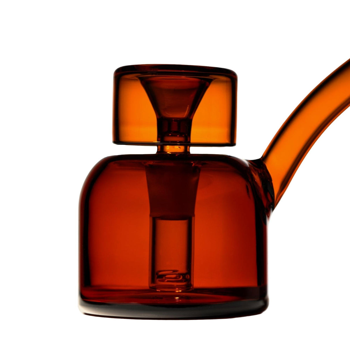 Close-up of the Vesper Bubbler, showcasing its amber glass, rounded water chamber, built-in percolator, and bent mouthpiece, embodying modern elegance and functionality.