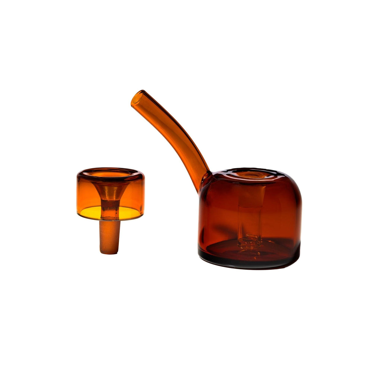 Vesper Bubbler with detachable amber glass chamber and bowl, featuring a bent mouthpiece for smooth, elegant use, inspired by mid-century design.