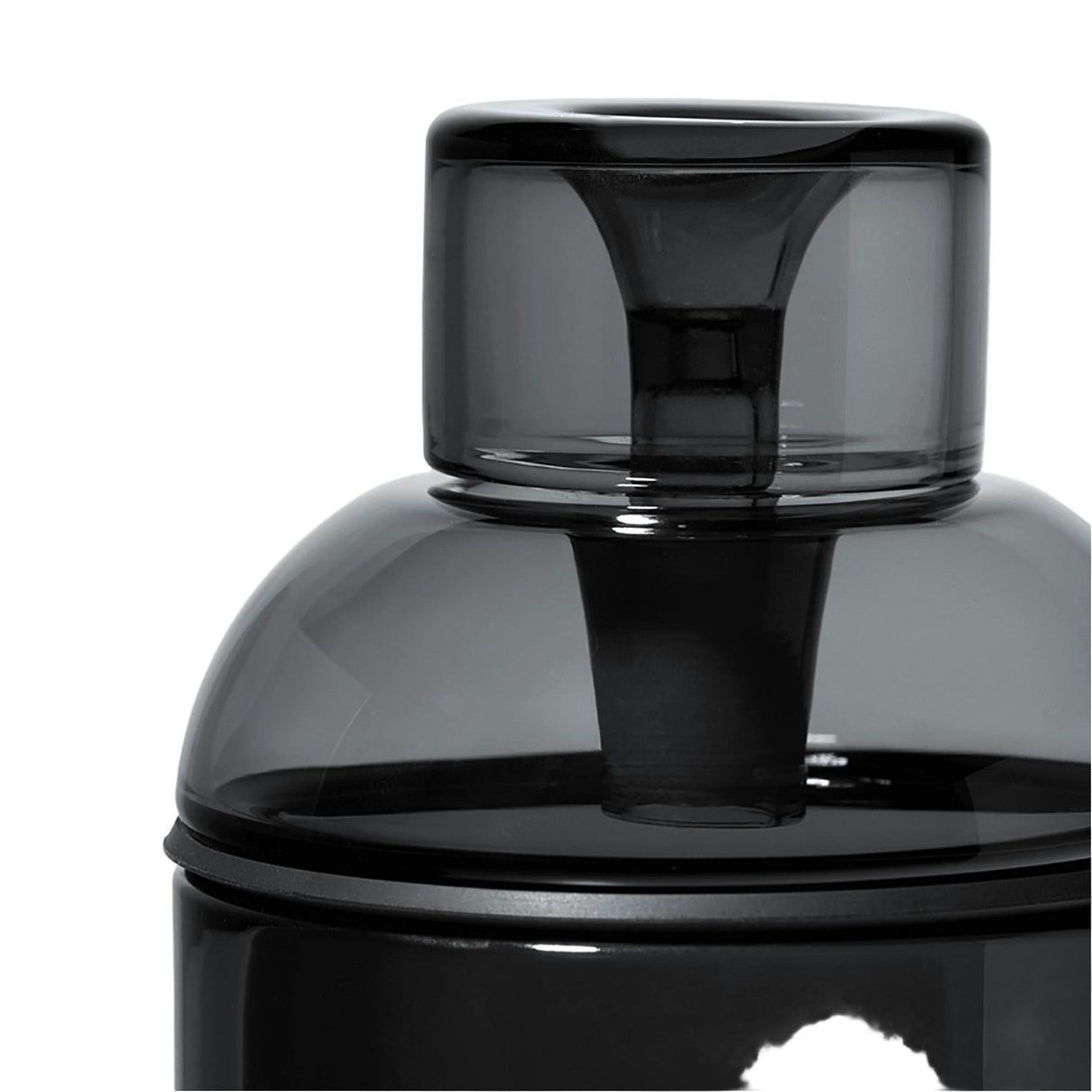 Close-up of the Vesper Gravity Bong's smoke-gray bean hopper, showcasing its elegant design and premium borosilicate glass construction for smooth, gravity-powered pulls.