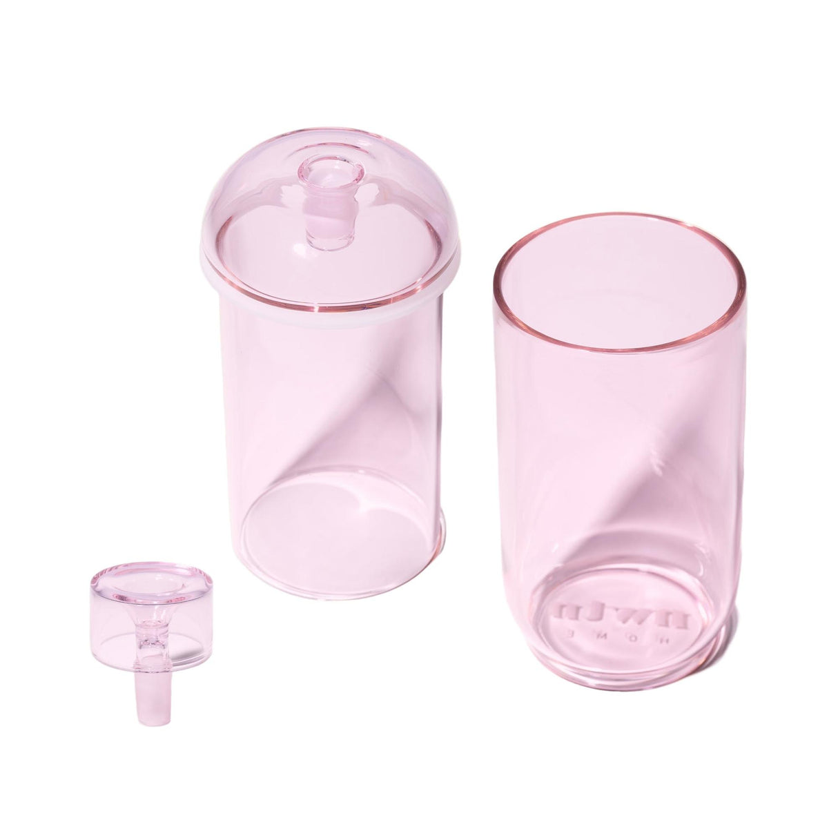Vesper Gravity Bong featuring three matching pink translucent pieces: a tall tumbler, a shorter cylinder with a domed lid, and a funnel-shaped stopper.