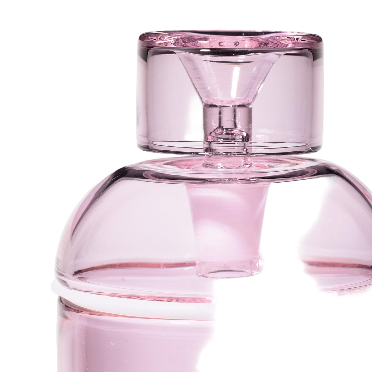 Vesper Gravity Bong, a sleek, pink-tinted glass container with a stopper, showcases a vintage-inspired, modern design for smooth, effortless smoking.